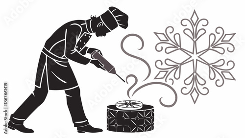 Focused Pastry Chef Decorating Frozen Dessert with Precision Tool for Winter Holiday Catering and Gourmet Food Advertising