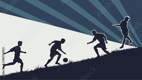 Silhouetted Soccer Players Running Uphill on Grassy Slope Dynamic Sports Training Motivation for Fitness Goals and Teamwork Success