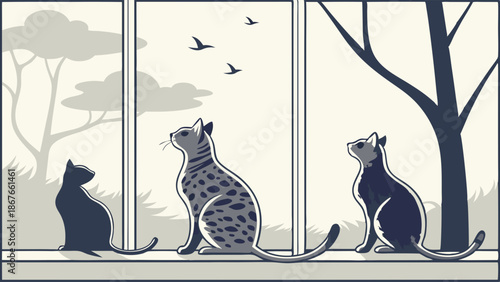 Three Cats Watching Birds Through Window for Pet Care Blog Web Design Cozy Home Illustration