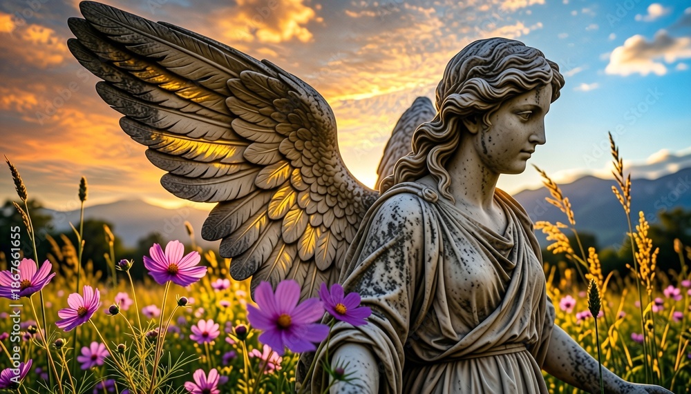 Fototapeta premium Statue Amidst Flowers and Sunset