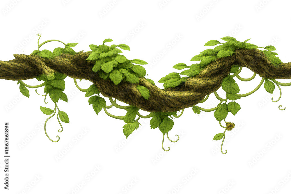 Obraz premium Twisted jungle vine branch with green leaves hanging, creating a natural tropical forest border element