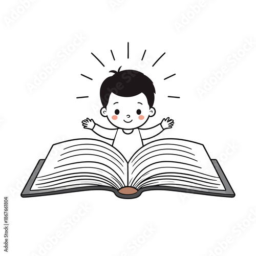 Joyful child with bright ideas emerging from an open book, embracing education and knowledge