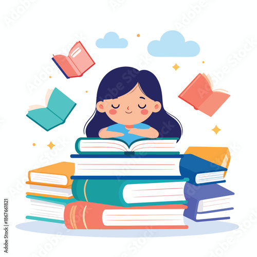 Imaginative learning: young girl absorbed in books, floating pages, and educational dreams.
