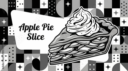 Monochrome vector illustration of a traditional American apple pie slice with whipped cream, ideal for dessert menus and bakery branding