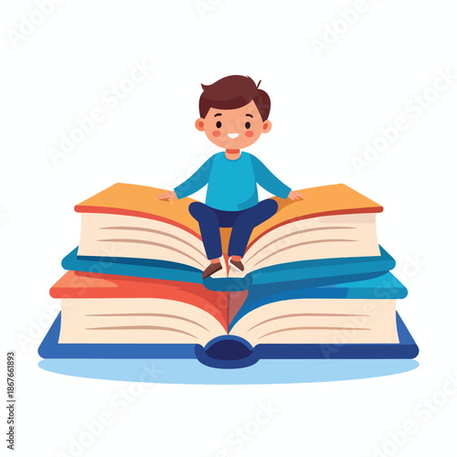 Cheerful young boy illustration sitting on a stack of open books, representing education and knowledge.