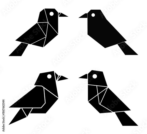 Four black minimalist origami bird icons with geometric folds on a white background