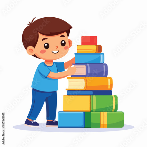 Smiling young boy stacking colorful books, engaged in playful learning and educational activity illustration