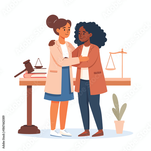 Two Women Professionals Embracing in a Legal Study Setting, Symbolizing Mentorship and Support