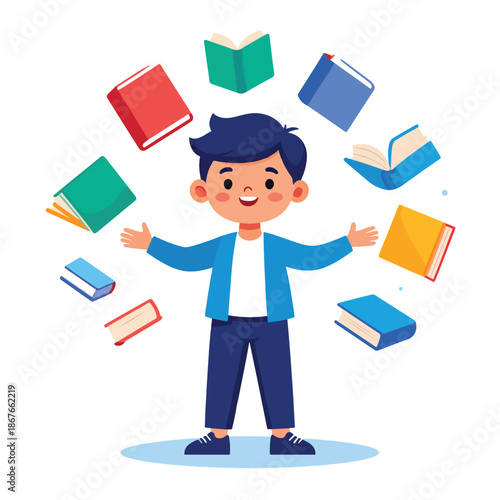 Happy Young Boy Engaged in Learning, Surrounded by Floating Educational Books in a Dynamic Illustration