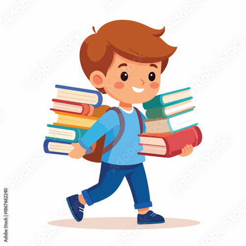 Smiling young boy student illustration walking happily, carrying many school books and backpack