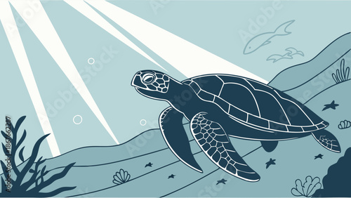 Majestic Sea Turtle Swimming Underwater Sunlit Ocean Depths for Ecology Conservation Wildlife Design Projects