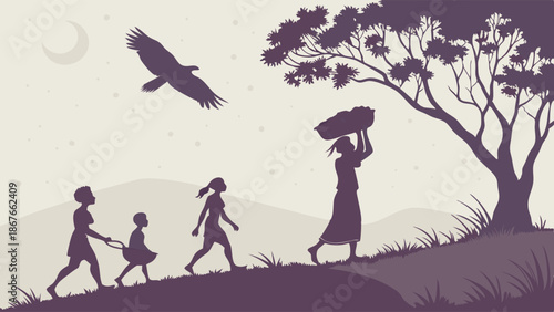 Silhouette of African Women Carrying Baskets Walking Uphill Under Eagle and Moon for Development, Travel, or Heritage Projects