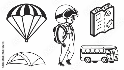 Adventure Travel Icons Set Skydiver Tent Bus Map for Tourism Vacation Planning and Outdoor Exploration Design Elements
