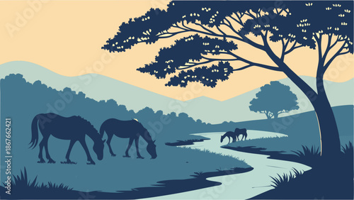 Serene Sunset Silhouette of Horses Grazing by Winding River in Lush Savannah Landscape for Travel Web Design
