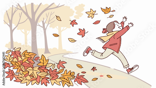 Joyful Child Running Through Autumn Leaves in Park for Seasonal Website Banner or Fall Promotion Graphic