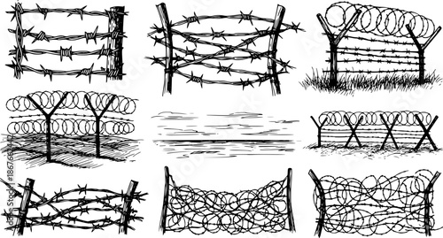 Set of barbwire fence backgrounds. Hand drawn vector illustration in sketch style. Design element for military, security, prison, slavery concepts
