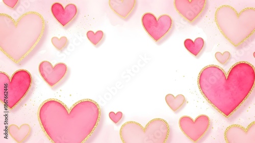 Beautiful watercolor hearts with shimmering gold borders scattered across a bright white background creating a festive love theme perfect for celebrations