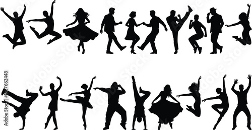 Dancing and jumping people silhouettes mega set expressing joy, freedom and celebration, energetic lifestyle actions, dynamic movement, black white illustrationWeb