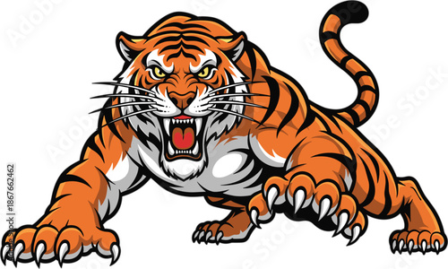 Fierce tiger roaring illustration, powerful wild animal attack pose, strength, aggression, predator energy, detailed cartoon wildlife artwork