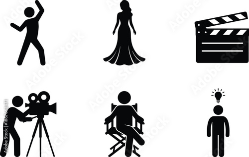 Film production and cinema industry silhouettes icons set, director, actress, cameraman, clapperboard, creativity, movie making concept, black white illustrationWeb