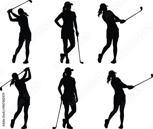 Female golfer silhouettes set in action poses, swinging golf club, sport movement, athletic performance, black white illustration collectionWeb