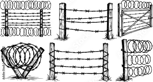 Set of barbwire fence backgrounds. Hand drawn vector illustration in sketch style. Design element for military, security, prison, slavery concepts
