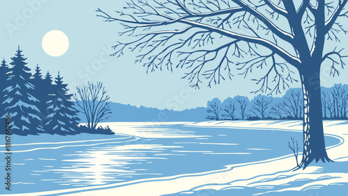 Serene Winter Landscape with Frozen River and Snow Covered Trees for Holiday Greeting Cards Website Banners Seasonal Promotions