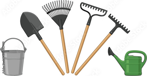 Gardening tools set illustration with shovel, rake, watering can and bucket, home gardening, landscaping, farming equipment concept
