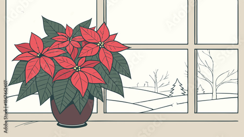Vibrant Poinsettia Plant Brightens Cozy Winter Window View Perfect for Holiday Greeting Cards Seasonal Decor Website Banners