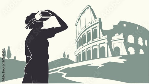 Woman Wearing VR Headset Exploring Ancient Roman Colosseum Ruins for Immersive Travel Education and Virtual Tourism Experiences