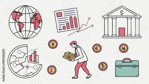 Global Finance and Investment Growth Icons with Businessman Carrying Cash for Banking and Currency Exchange Web Design