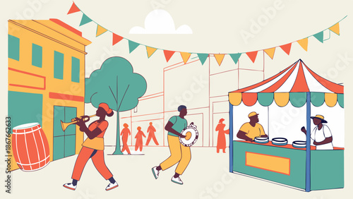 Vibrant Street Festival Parade with Musicians and Food Vendors Celebrating Community Summer Event Fun