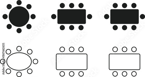 Meeting table layout icon set showing round and rectangular conference seating arrangements, teamwork, discussion and office planning concept vectorWeb