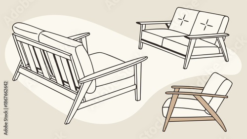 Mid-Century Modern Furniture Set Line Art Drawing for Interior Design Catalog or Web Layout