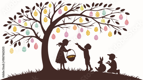 Easter Egg Hunt Silhouette Children Gathering Colorful Eggs from Tree for Spring Holiday Greeting Card Design