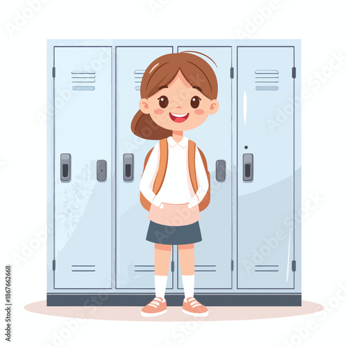 Smiling young student girl standing in front of school lockers, education concept illustration.