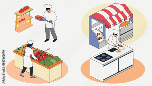 Chefs Preparing Fresh Produce and Cooking at Modern Food Stall for Restaurant Menu Design and Culinary Web Graphics