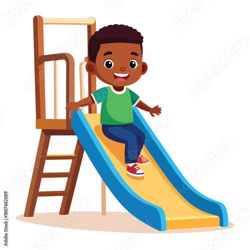 Smiling child gleefully sliding down a colorful playground slide, happy childhood activity illustration.