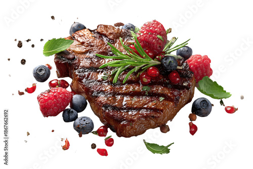 Top view of delicious grilled beef steak with berries and herb