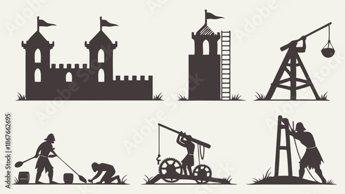 Medieval Siege Warfare Icons Silhouettes Castle Tower Catapult Workers Building Fortifications History Education Design