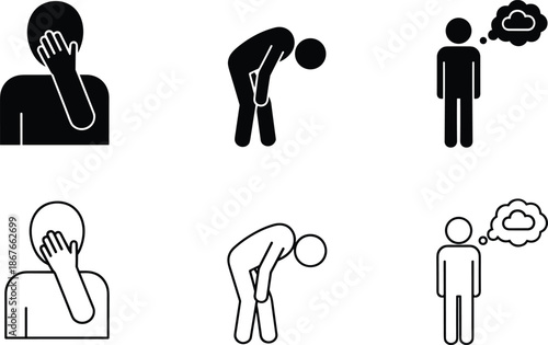 Mental health stress icon set showing solid and outline human figures expressing anxiety, depression, fatigue and emotional distress concept vectorWeb