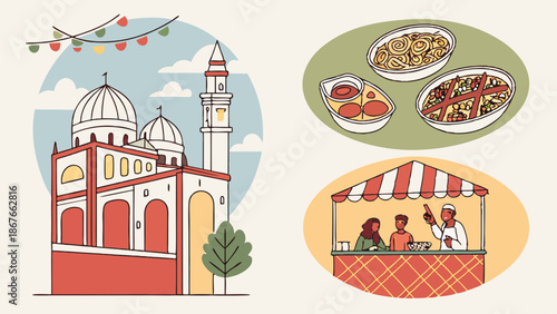 Ramadan Iftar Celebration Mosque Food Stall Festive Gathering for Islamic Holiday Web Banner Design