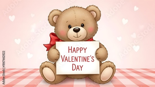 Adorable plush teddy bear holding a heartfelt sign wishing everyone a very happy valentine's day celebration with sweet affection and love