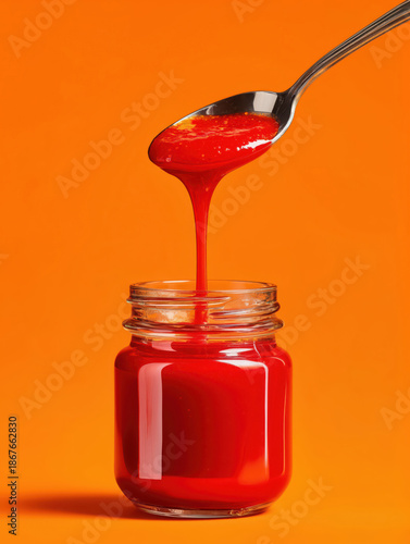 Vibrant Red Tomato Sauce Pouring from Silver Spoon into Glass Jar on Orange Background created with Generative AI Technology, ai, generative