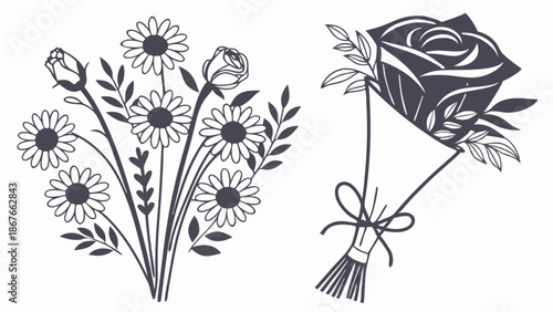 Black and White Daisy and Rose Bouquet Illustrations for Wedding Invitations Greeting Cards Floral Design Elements
