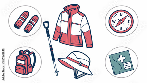 Essential Hiking Gear and Outdoor Adventure Equipment for Camping Travel and Wilderness Exploration Safety Illustration