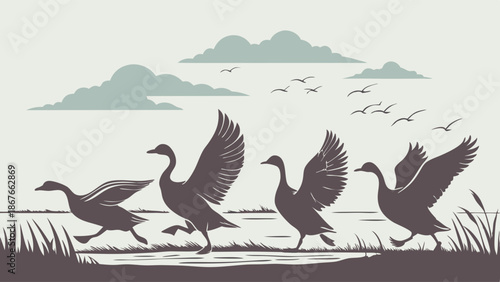 Geese Taking Flight at Sunrise for Migration Illustration for Nature Travel Web Design Seasonal Wildlife Promotion