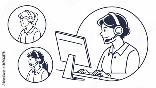 Focused Customer Support Agent Wearing Headset Typing on Computer Assisting Remote Team Members Online for Service Center Sales