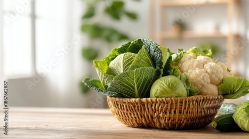 Fresh and Organic Vegetables in a Woven Basket on Wooden Table with Soft Lighting in a Cozy Kitchen Setting