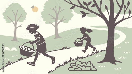 Children Gathering Eggs in Baskets on Sunny Spring Day for Easter Holiday or Farm Fresh Food Illustration